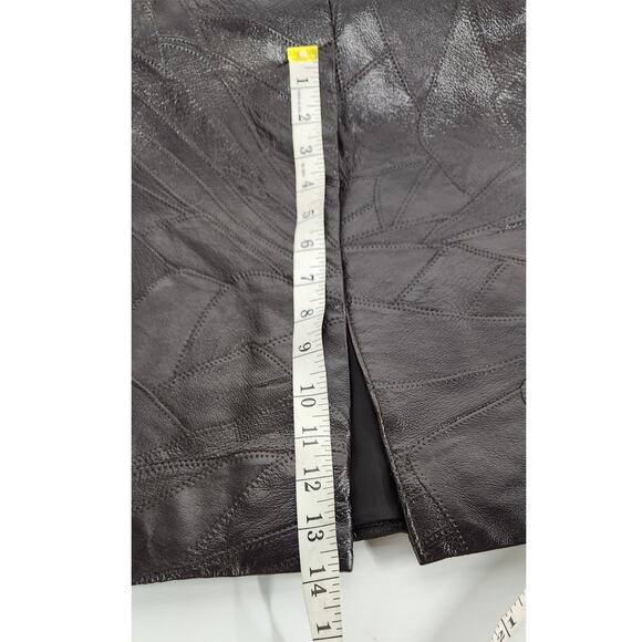 Vintage Mattina T Brown Genuine Leather Patchwork Mob Wife Midi Skirt, Size 12 - Picture 9 of 12